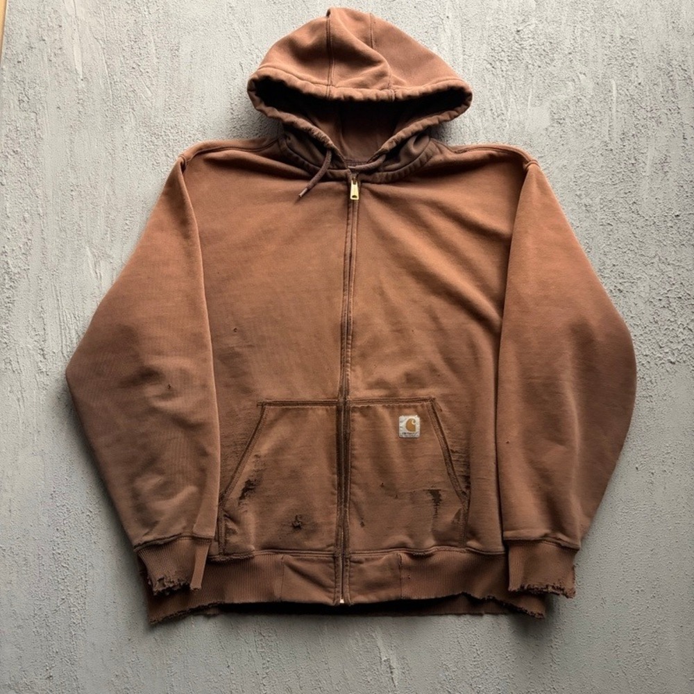 Vintage Carhartt Zip Up Hoodie 2XL Brown 2000s Distressed Faded